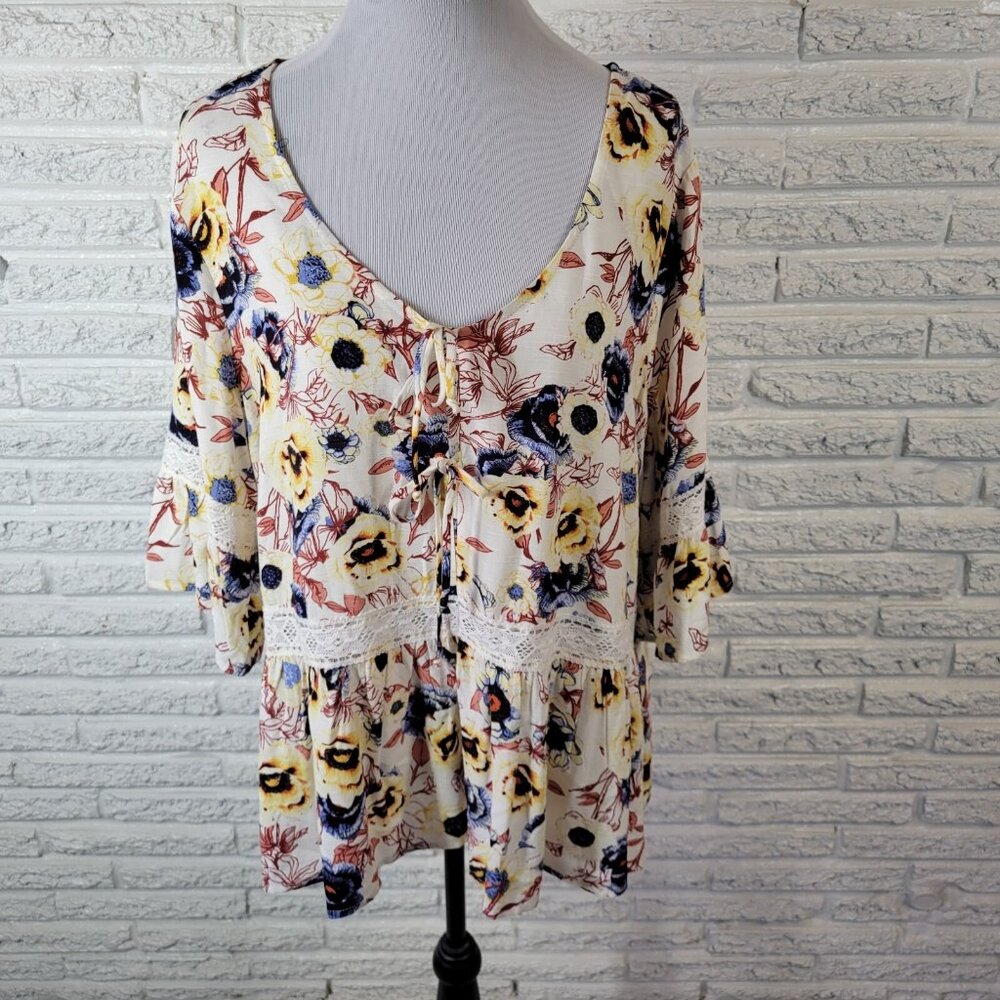 Maurices Womens Top 0X Plus Baby Doll Bell Sleeve Blue Brown Floral FLO72E